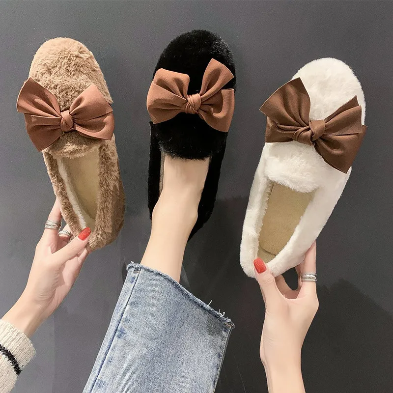 

Women Shoes Autumn Bow-Knot Loafers Fur Casual Female Sneakers Round Toe Flats Fall New Winter Butterfly Big Size Dress Slip-On