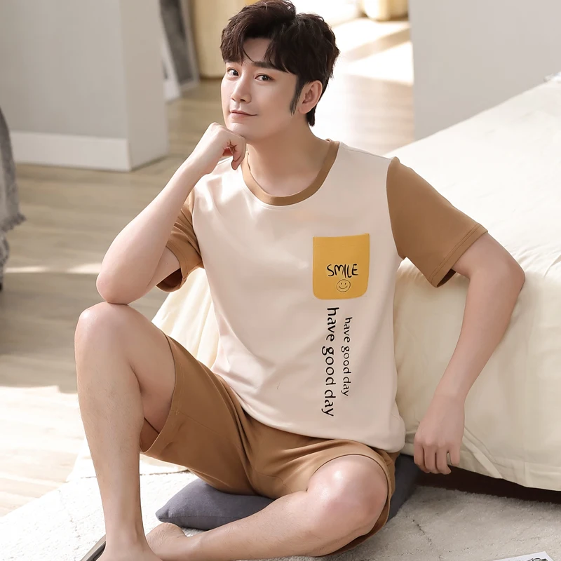 NANJIREN New Summer Men Pajamas Set Home Casual Homewear Short Pajama Suit Short Sleeves O-NECK Shirt Shorts Pajamas Set for Men