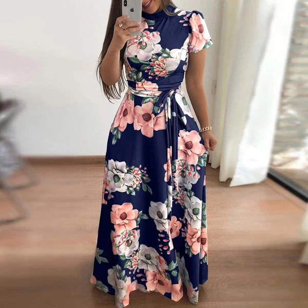 

Summer Lady Flower Print Short Long Sleeve Maxi Dress Casual Slim Sashes Long Dress Women Elegant Robe Party bandage Dresses