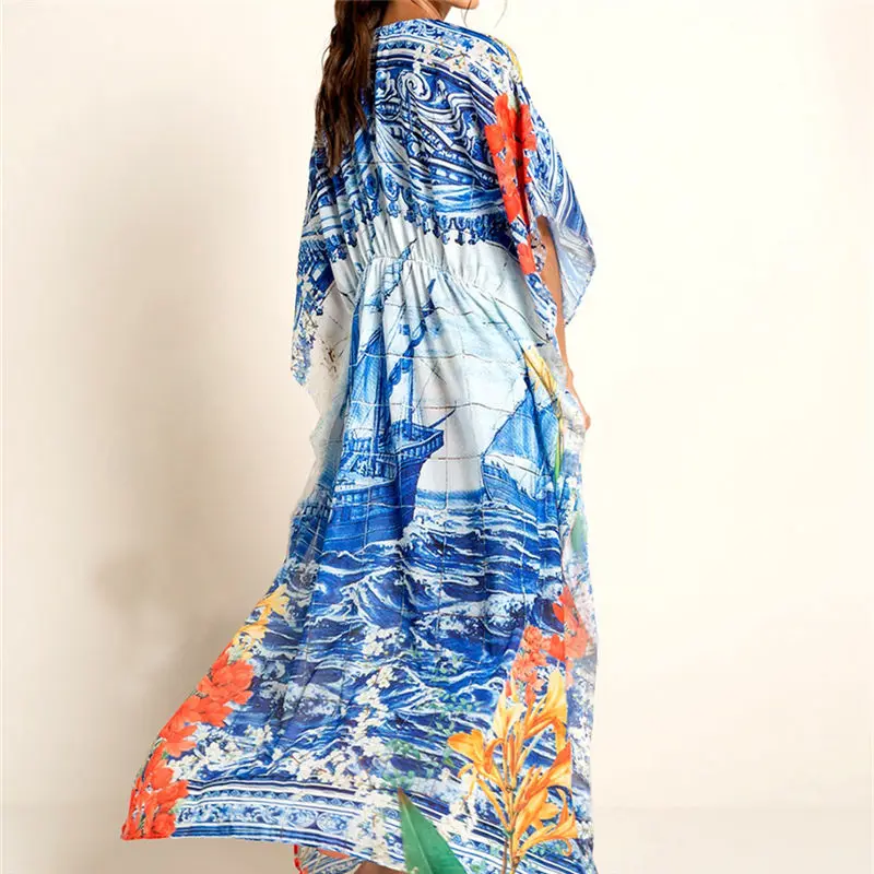 Синяя накидка на бикини с принтом в стиле бохо длинное кимоно кардиган хлопковая