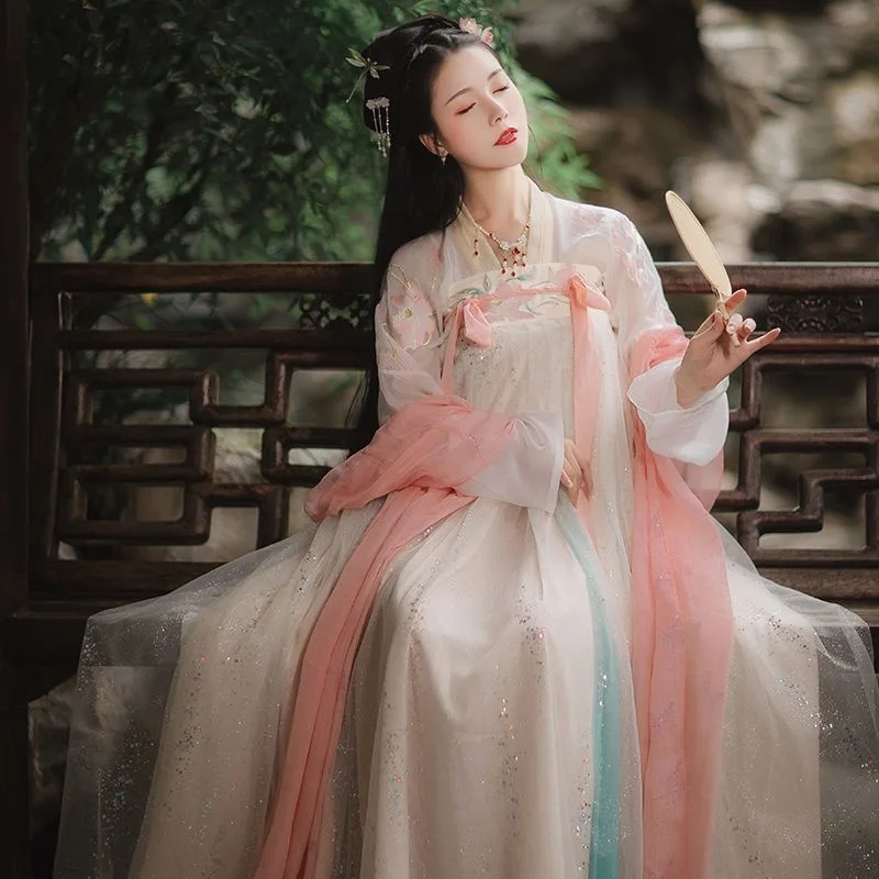 

Fairy Mesh Hanfu Suit Breast Length Dress Elegant Autumu Long Sleeve Women Ancient Traditional Clothing Casual Cosplay Costume
