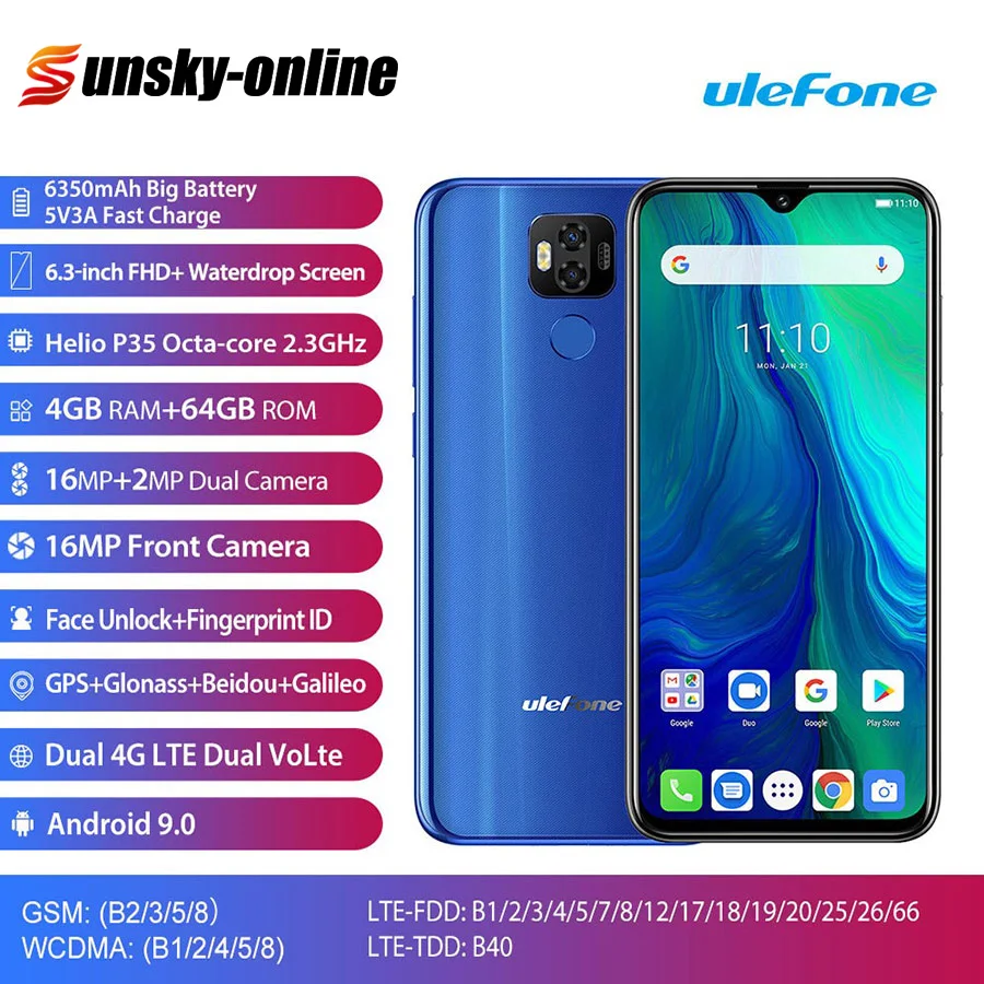 Смартфон Ulefone power 6 Android 9,0 MTK6765V, 6,3 дюймов, 4 Гб+ 64 ГБ, 6350 мАч, 4,4 в, батарея, две sim-карты, 4G, 16 МП, FHD+ мобильный телефон
