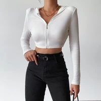 sports womens 2022 hooded zipper long sleeve short tops low collar autumn and winter temperament cardigan tops