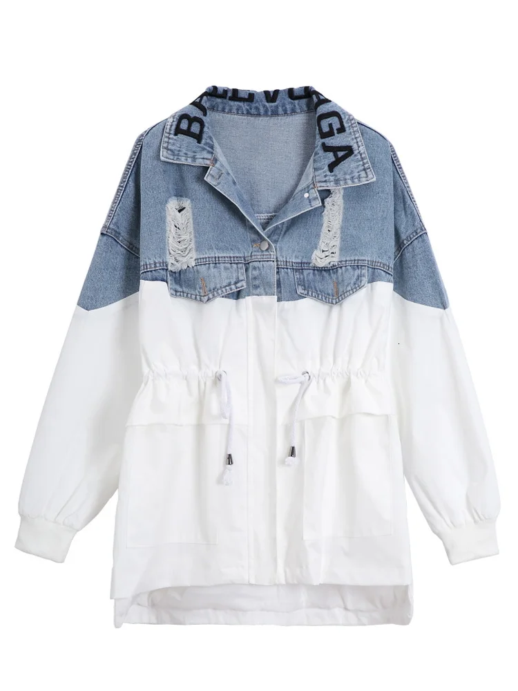 Vefadisa Autumn Woman Denim Coat Jacket Letter Loose Patchwork Hole Pockets Single Breasted 2019 QYF727 | Женская одежда