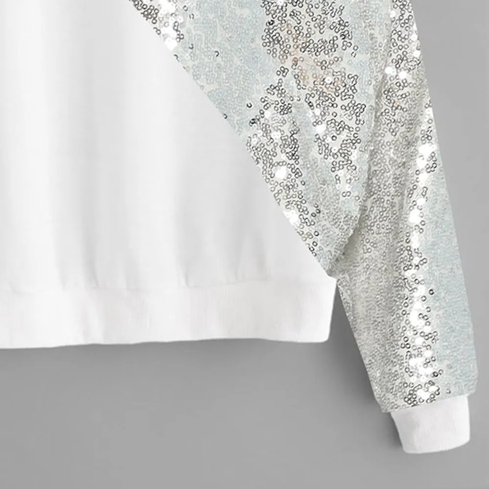 Модная зимняя женская блузка 2019 с блестками цветным блоком круглым вырезом