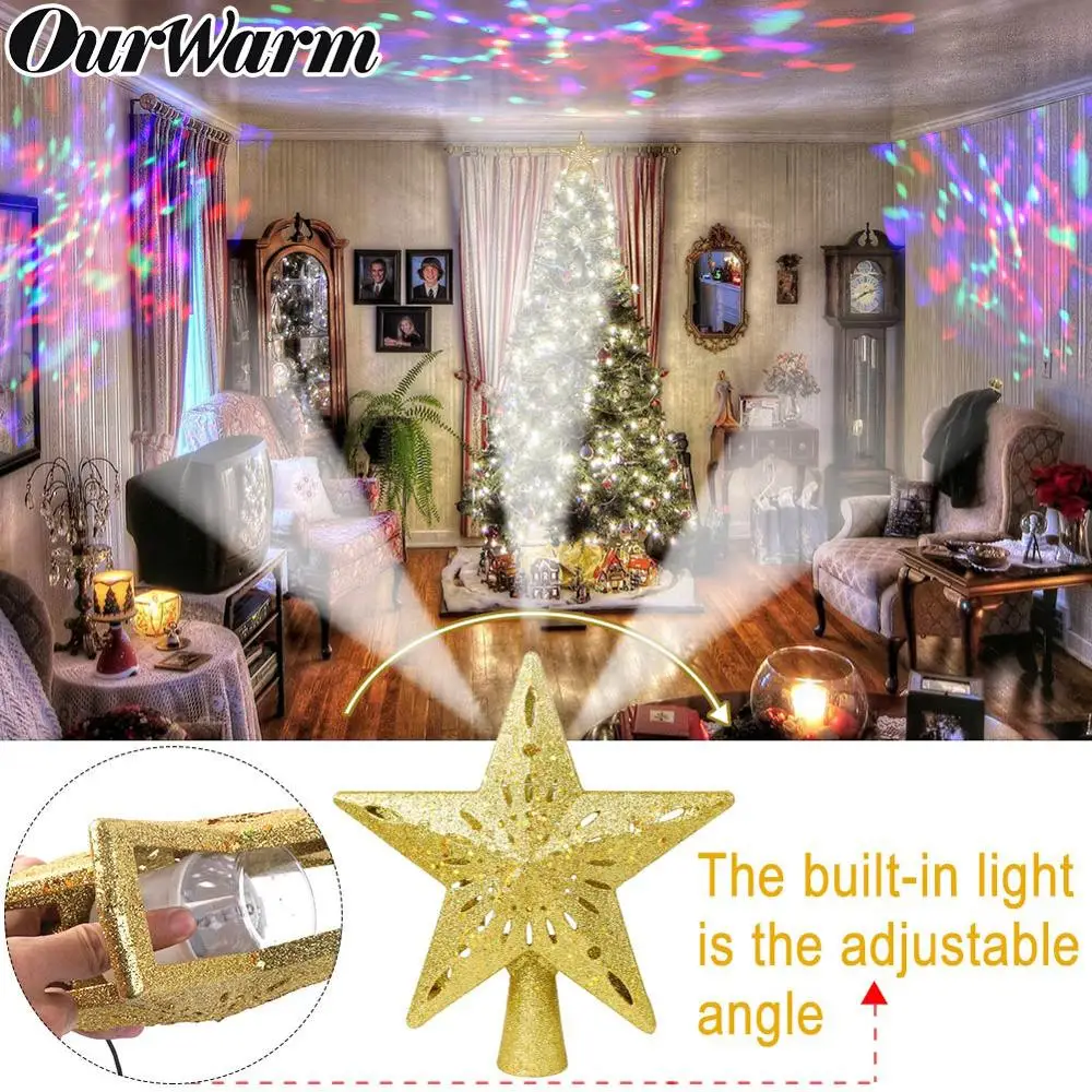 OurWarm-adorno de árbol de Navidad iluminado, adorno de estrella con proyector mágico giratorio ajustable, decoración navideña