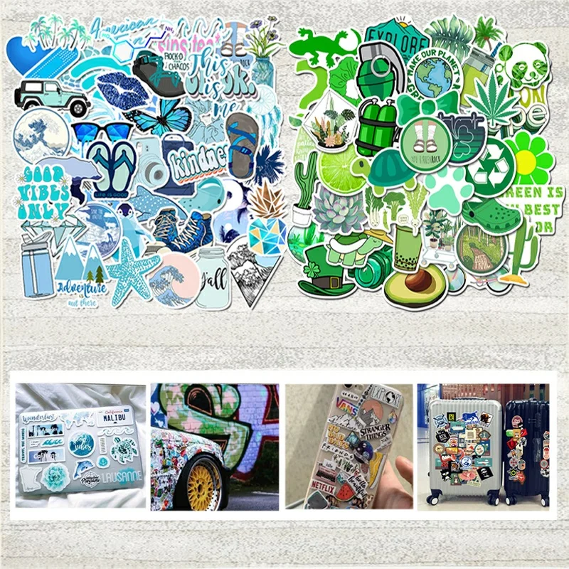 

50PCS Cartoon Blue&Green INS Style Vsco Girl Stickers For Laptop Phone Skateboard Luggage Notebook Fridge Waterproof Stickers