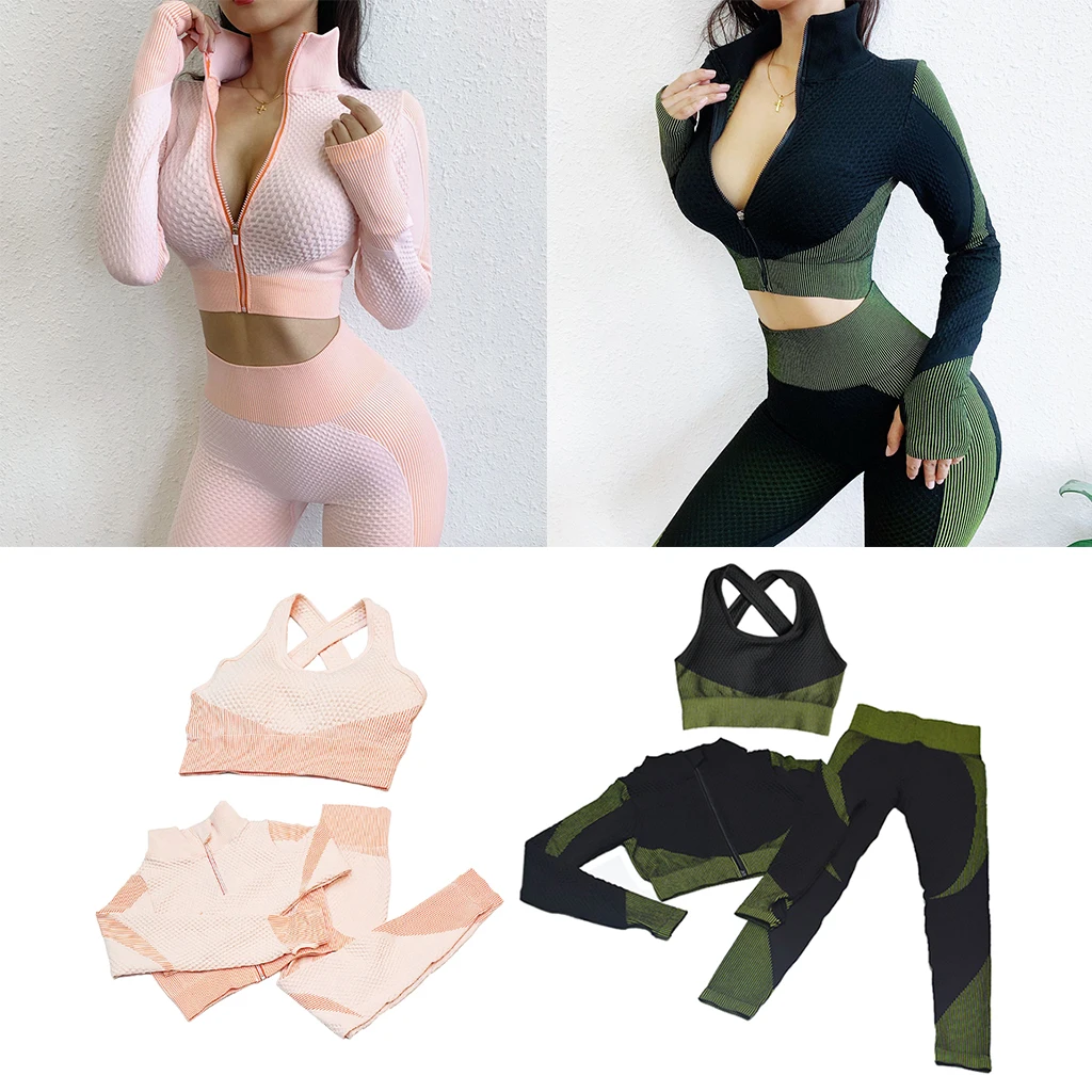 Женский костюм для йоги из 3 предметов эластичный спортивный фитнеса одежда