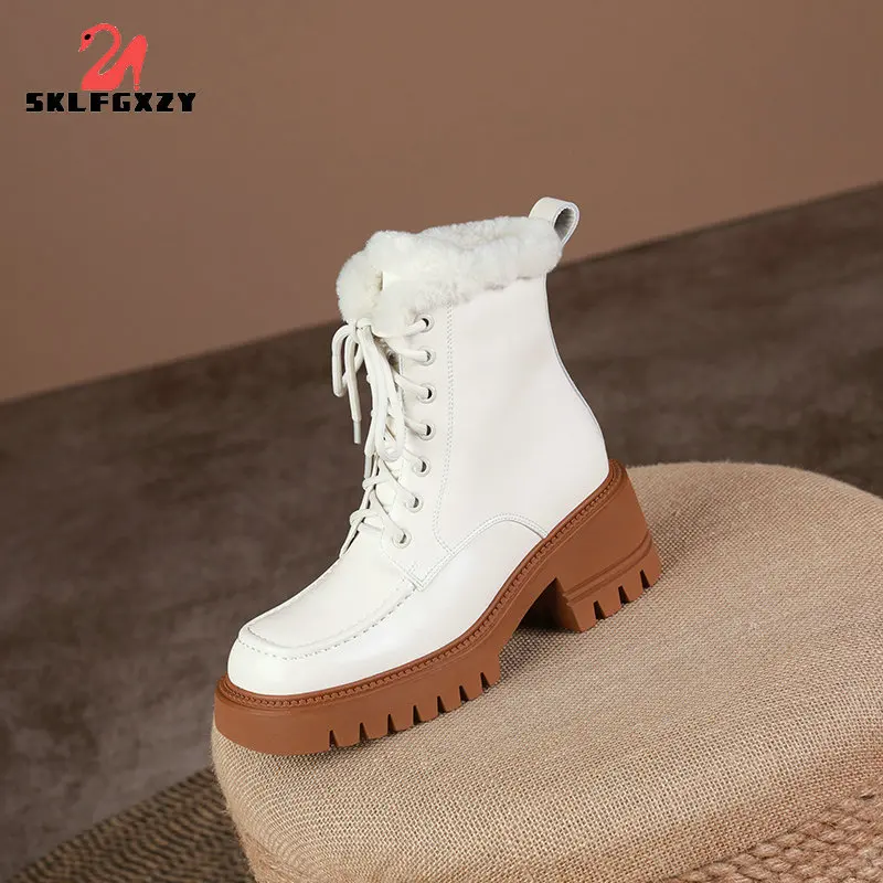 

2021 Winter Women Shoes Warm Wool Platform Shoes Solid Leather Boots Chunky Snow Boots for Women Fur Boots