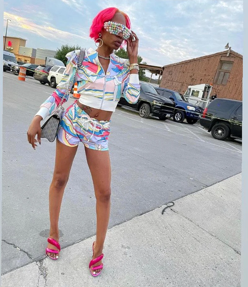 beachapche 2021 new women set long sleeve single jacket and short elegant print two piece set free global shipping