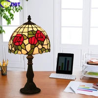 fumat tiffany red rose table lamp stained glass desk light allory frame handcraft arts home decor dia 8 inch classical lighting
