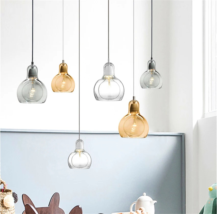 Лампа подвесная Loft E27 с прозрачным амбровым стеклянным плафоном LED, нордическая люстра, светильники шарики для подвески, декор дома, крепления.