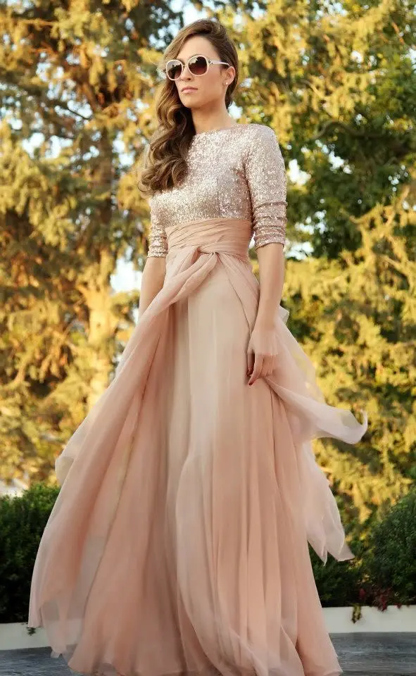 

2015 Muslim Women Evening Dresses Sequin Top Chiffon Champagne Abaya In Dubai Arabic Kaftan Long Evening Gowns With Long Sleeves