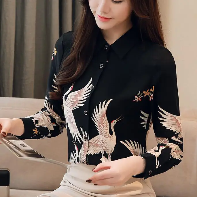 Женская шифоновая блузка с отложным воротником длинным рукавом и принтом птиц