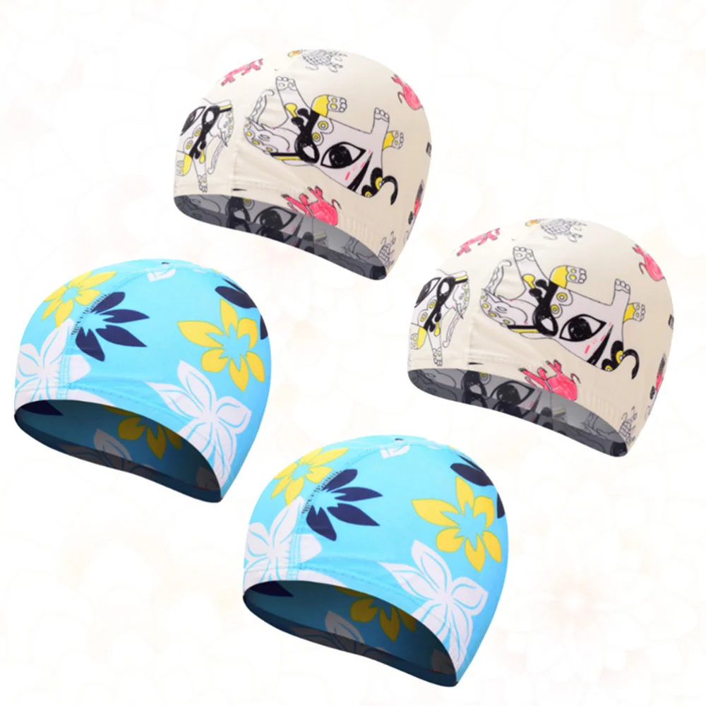 

4 Pcs Swimming Cap Swimming Hat Sports Elastic Swimming Hat Swimming Head Accessory for Kids Boys Girls (Beige Elephant, Flower