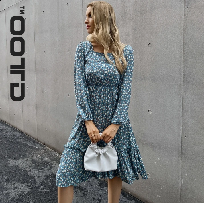 

OOTD Women Long Dress Autumn Winter Long Sleeve Elegant Ladies Flower Square Collar Dresses Party 2020 Black Clothes For Woman