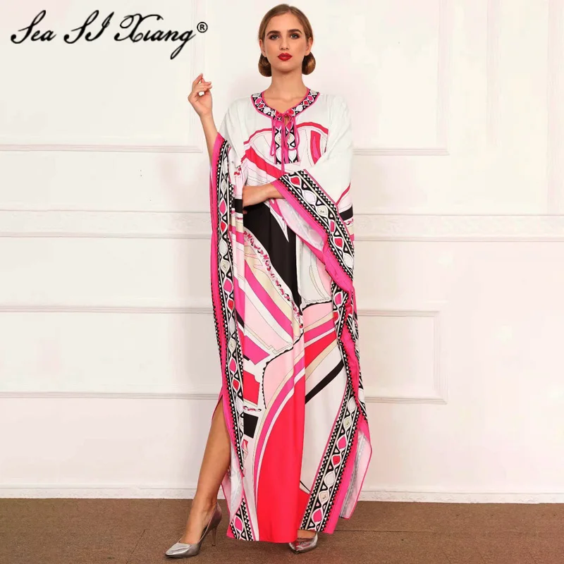 

Seasixiang Fashion Designer Spring Dress Women's Batwing Sleeve knitted Cotton Beading printed Loose Maxi Dresses