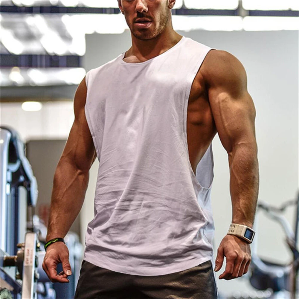

Summer Men's Fitness Tanktop Solid Color Sports Muscle Bodybuilding Side Large Slit Loose Waistcoat Gym Sleeveless Workout Vest