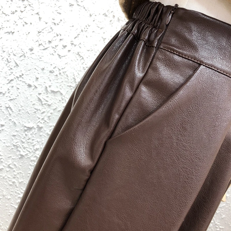 

NIJIUDING Women Solid Pu Leather Skirts with Pockets 2020 Autumn Winter New Solid High Waist Folds A-Line Mid Calf Skirt Female