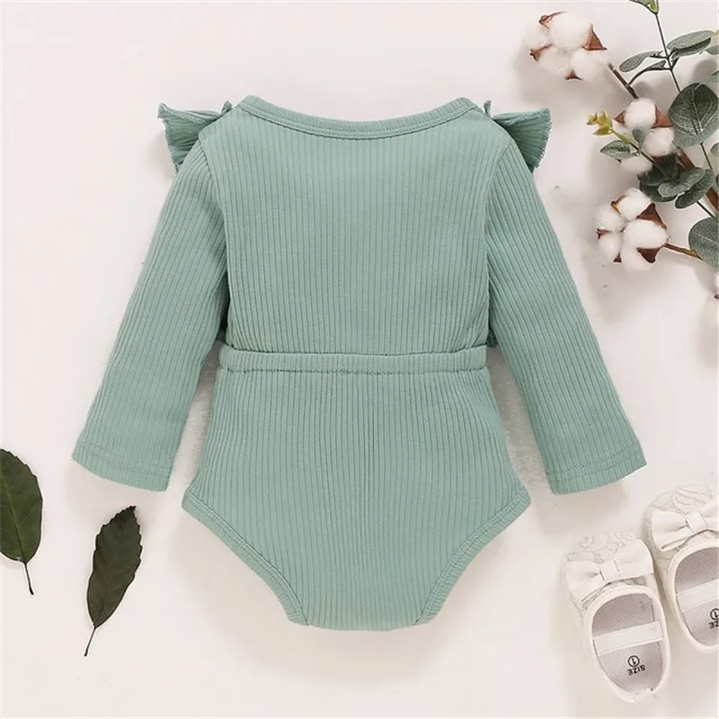 

2020 Toddler's Newborn Autumn Solid-Color Cotton Knit Round-Neck Ruffle Long-Sleeves Rompers with Bowknot 0-18M