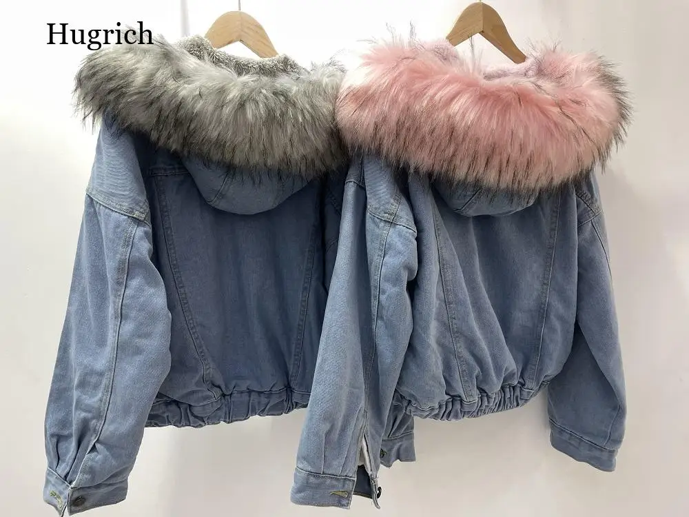 

Big Faux Fur Collar Denim Jacket Women Winter Hooded Warm Jean Jacket Student Basic Short Parkas Female Bomber Coat