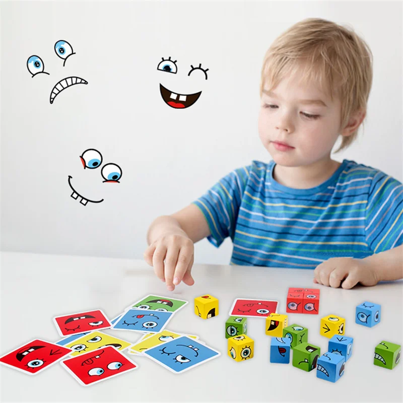 

New Cube Face Changing Building Blocks Board Game Educational Toys Cartoon Puzzle Montessori Toys Wooden Level Game Kids Toys