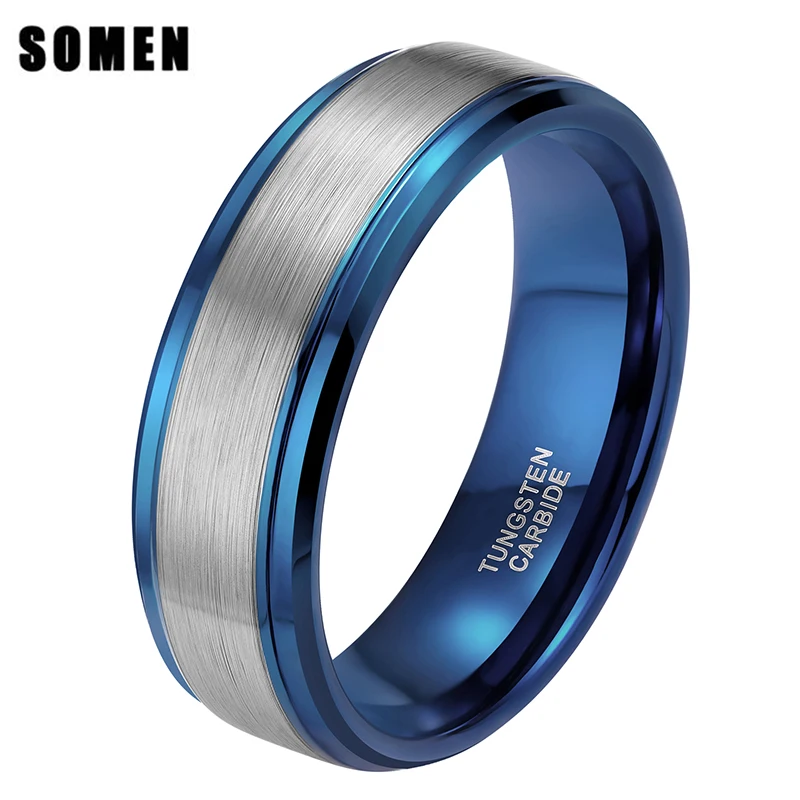 

8MM Blue Mens Ring Wedding Band Pure Tungsten Carbide Engagement Ring For Men Matte Brushed Center Male Jewelry Bague Homme