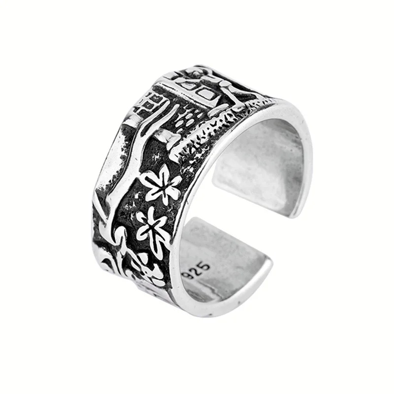 

National Style Retro Home Pattern Ring Silver Plated Open Flower Ring Charm Women's Leisure Party Jewelry Friend Birthday Gift