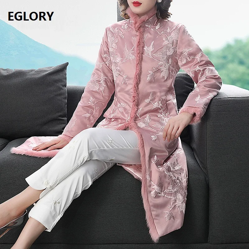 

2020 зимняя теплая длинная парка Женская Роскошная вышивка кроличья шерсть пэчворк длинный рукав розовый черный длинные пальто размера плюс ...