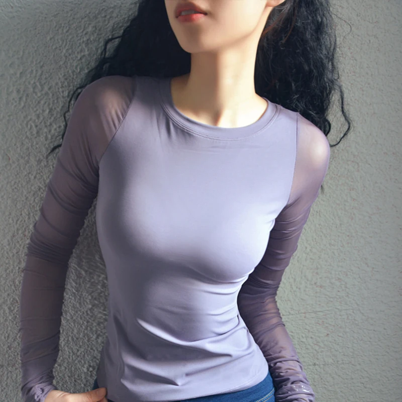Zhangyunuo спортивные топы для спортзала для женщин с длинным рукавом сетки Йога футболка твердые рубашки тренировки эластичный кроп Топ сухой крой Фитнес Одежда