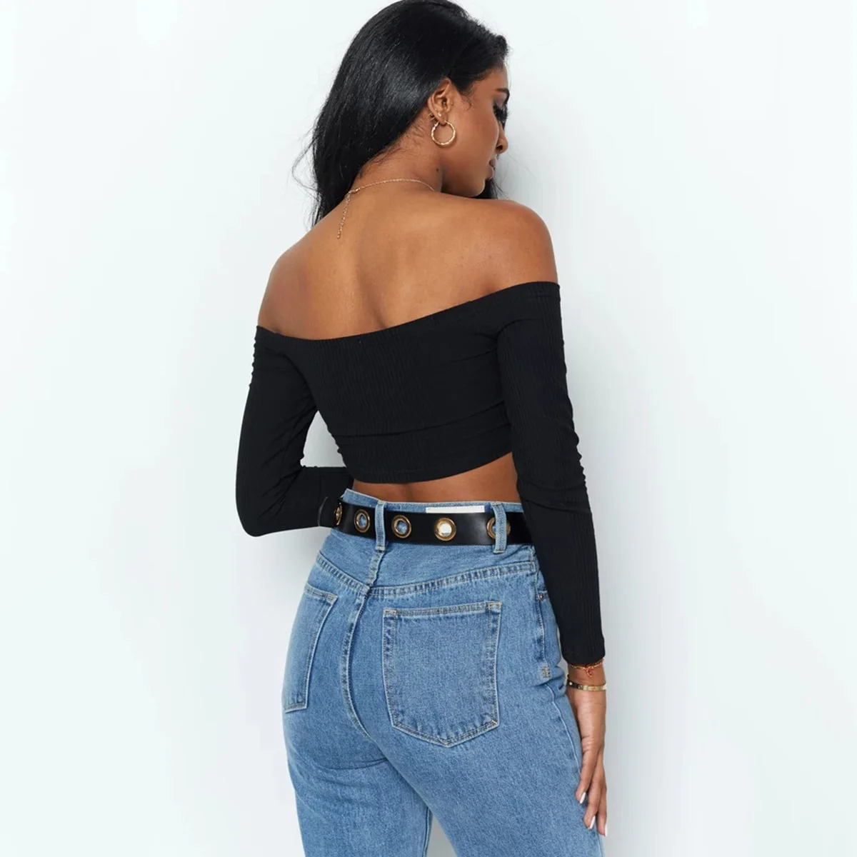 

New Long-Sleeved Pit Strip Drawstring All-Match Sexy Tube Top Ultra Short Solid Color Top Women's Clothing