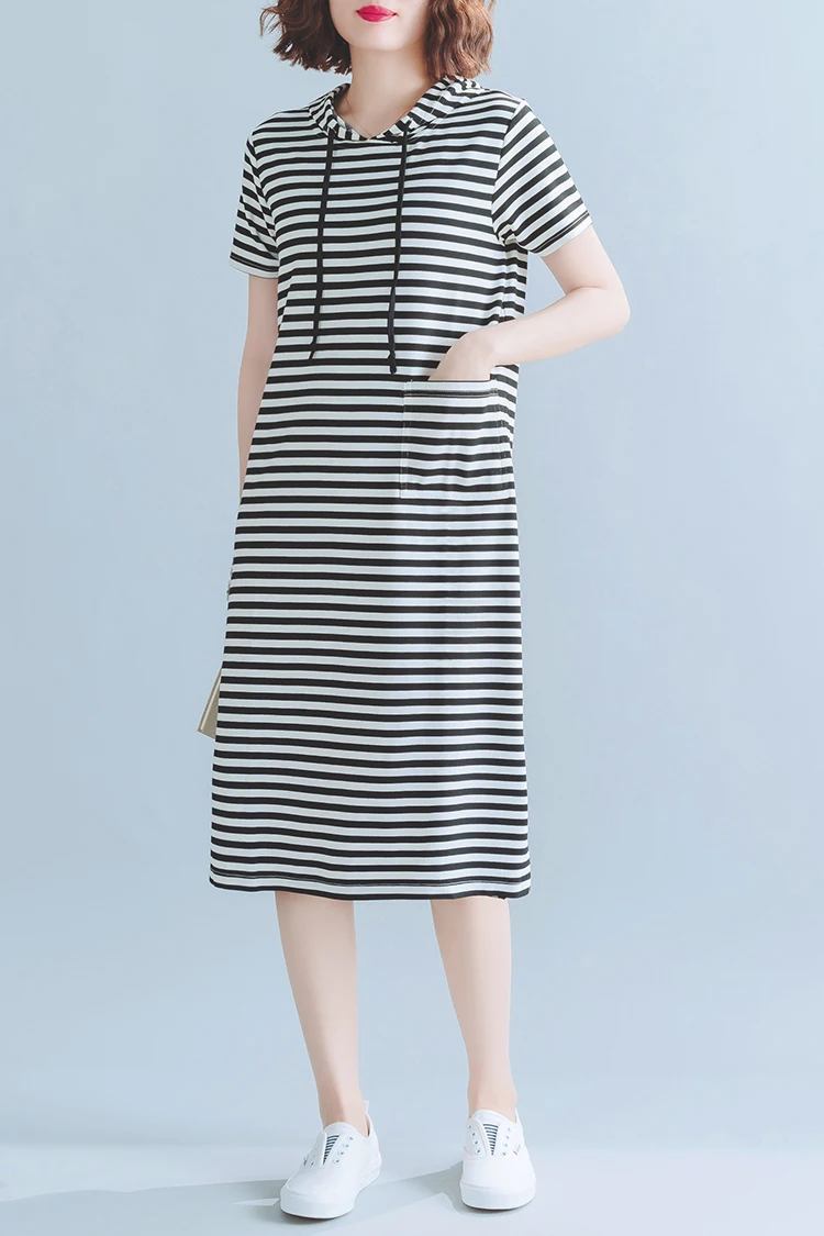 Женское Хлопковое платье в полоску с коротким рукавом и круглым вырезом | Женская