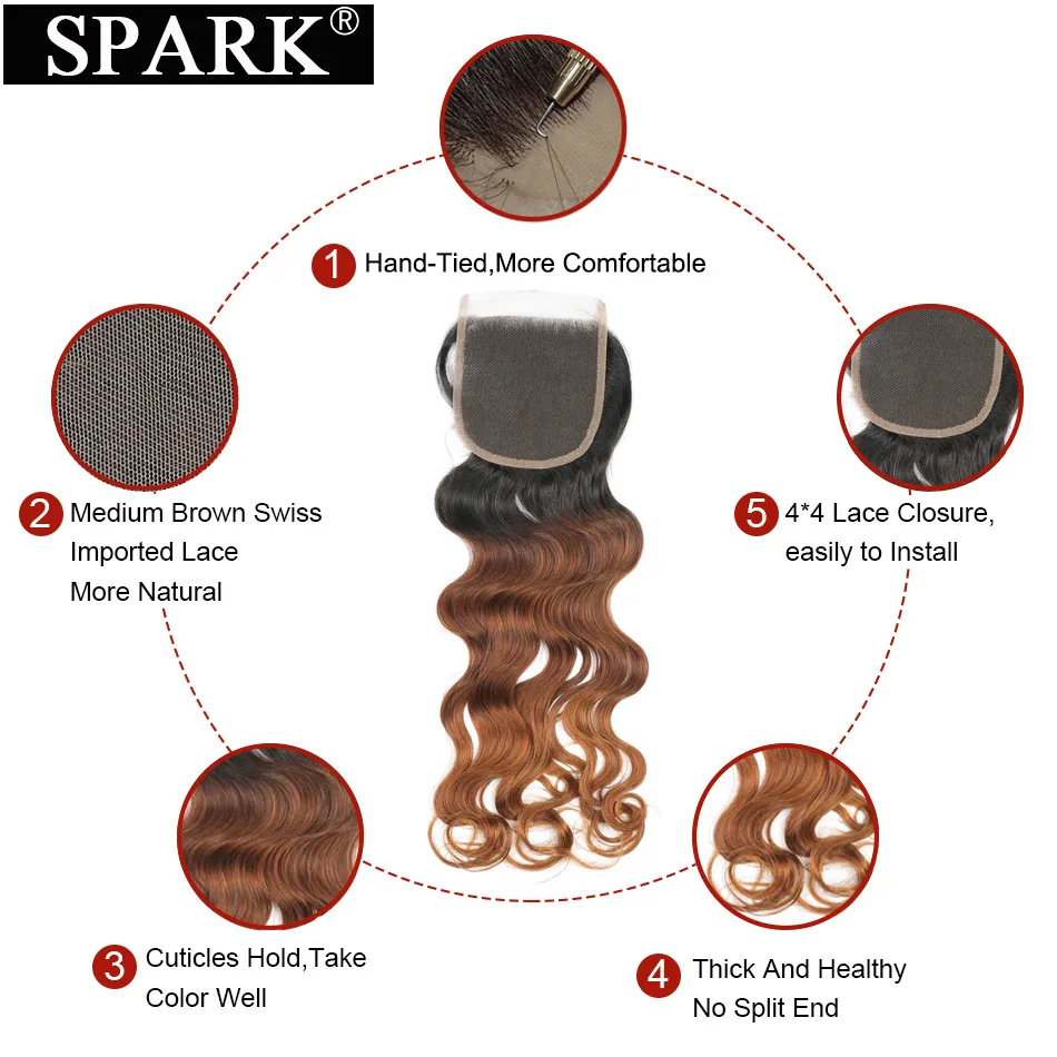 Spark Hair Ombre бразильские волнистые пряди с закрытием человеческие волосы с закрытием Remy человеческие волосы для наращивания средний коэффициент