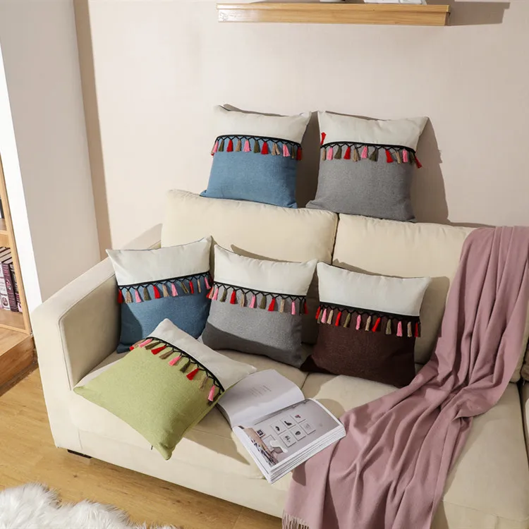

45x 45cm Linen Tassel Pillowcase Minimalist Sofa Pillow Cover Bedroom Cushion Cover Home Decoration for living Room Bed Room