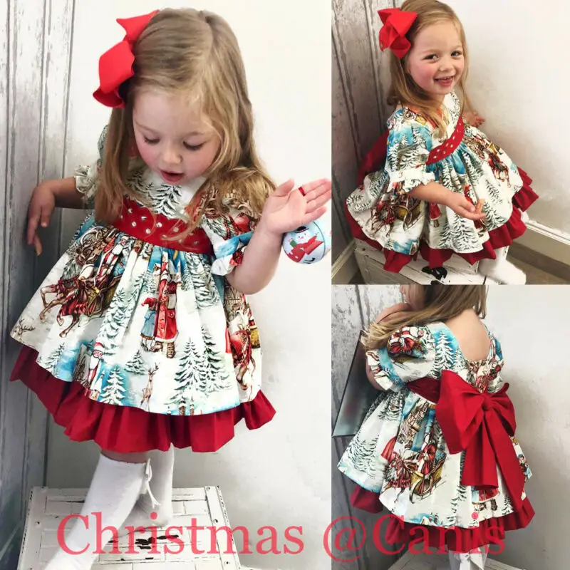 Pudcoco Toddler Kid Baby Girl Christmas Elements Partten Flared Party Santa Swing Princess Dress Clothes 2-6T | Детская одежда и