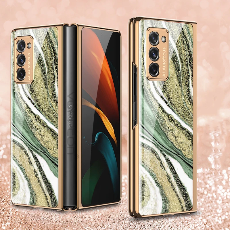 

Plating Marble Glass Case For Samsung Galaxy Z Fold 2 Case Camera Protection Hard Glass Cover For Galaxy Fold 1 5G Flip