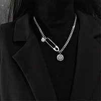 timeonly asymmetric pin smile stainless steel necklaces for women silver color chunky curb chain sweater pendant choker necklace