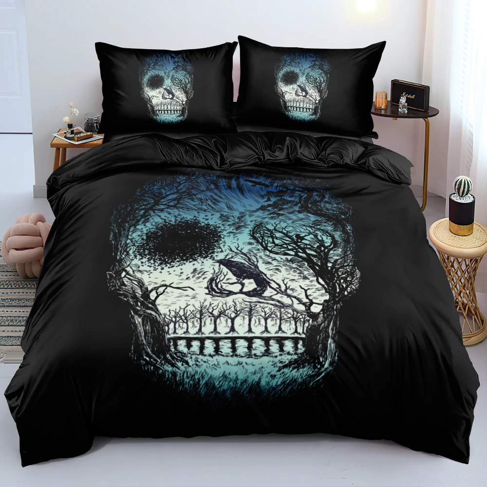 Постельное белье с черепом в черном дизайне.
