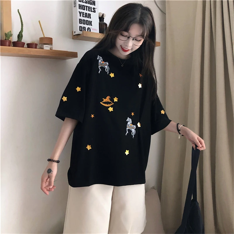 Женская футболка с короткими рукавами Shellsuning Повседневная из 100% хлопка вышивкой