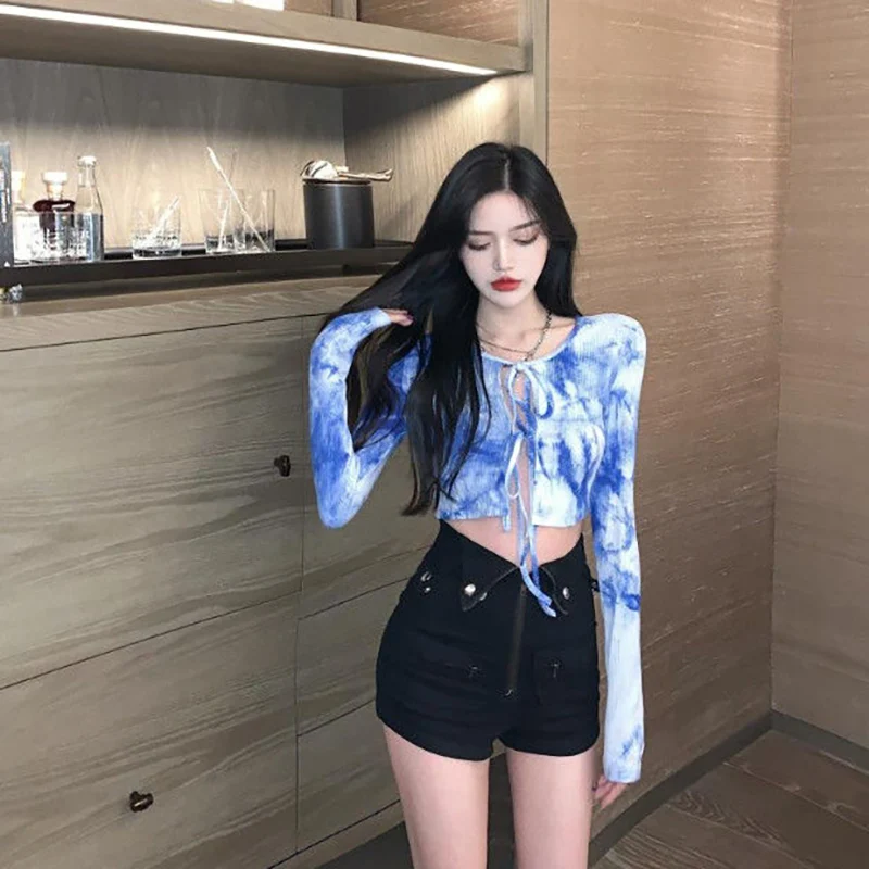

Summer Women's Clothing Ins Personality Tie Dye Round Neck Long Sleeve Female T Shirt Design Sense Short Bottoming Shirt Top Y2k