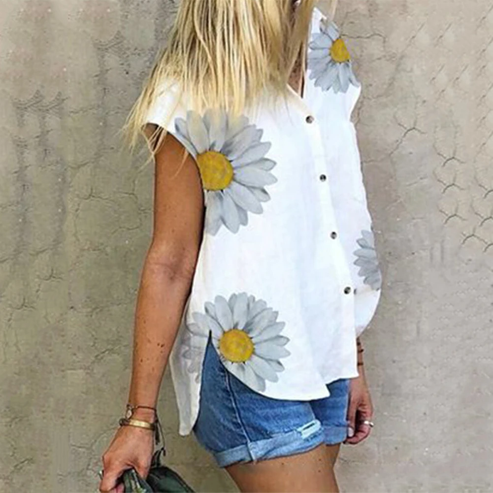 Женская рубашка для отдыха с принтом хризантем без рукавов на пуговицах