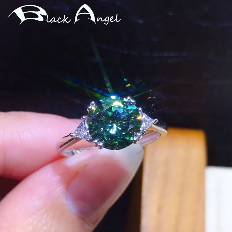 

BLACK ANGEL 3 Carats 925 Sterling Silver Created Green Blue Moissanit Gemstone Resizable Ring For Women Jewelry Engagement Gift