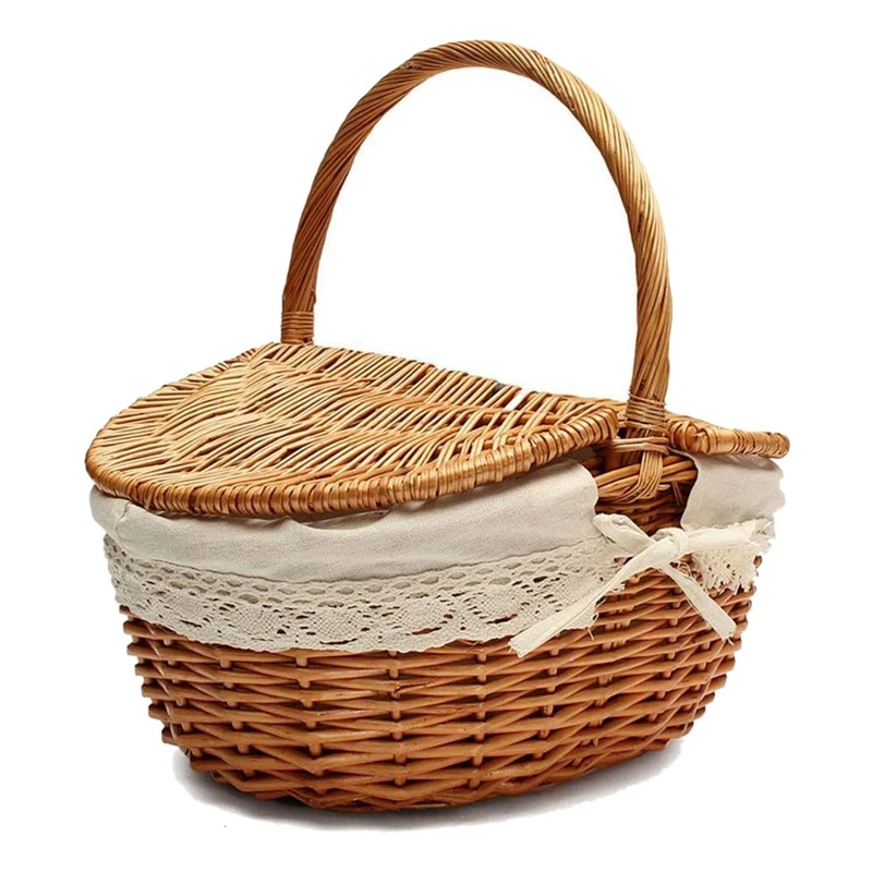 

Handmade Wicker Basket with Handle, Wicker Camping Picnic Basket with Double Lids, Shopping Storage Hamper Basket with Cloth Lin