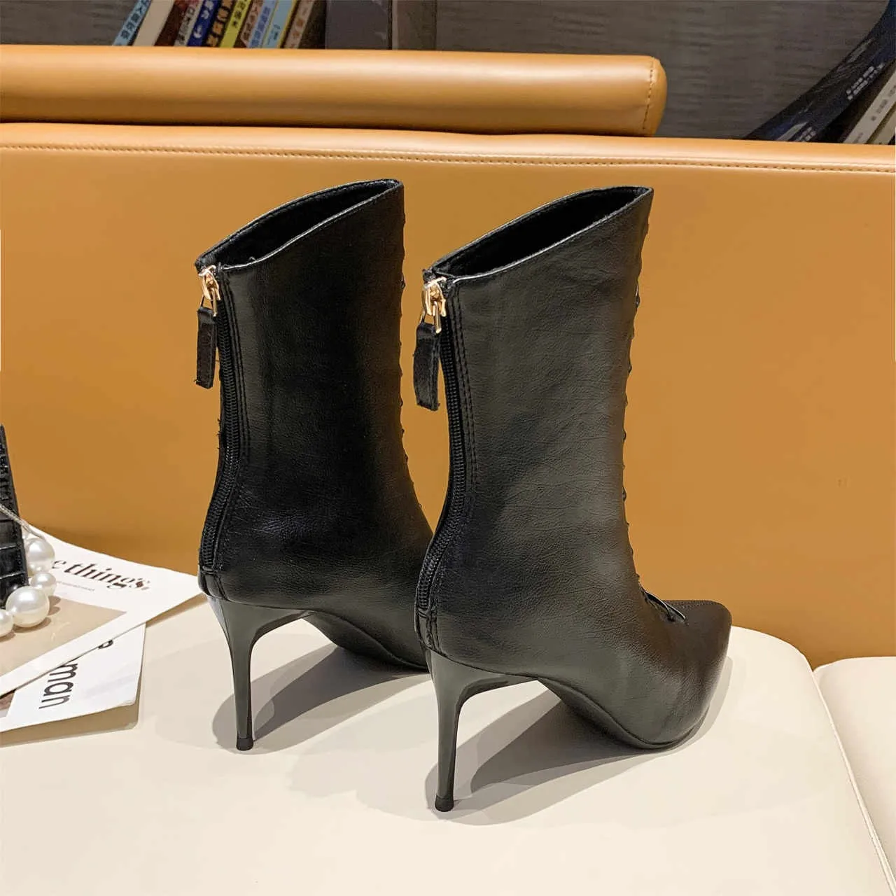 Ladies Ankle Boots Winter Leather High Heels Boots Ladies Fashion Pointed Gladiator Black Women's Leather Shoes