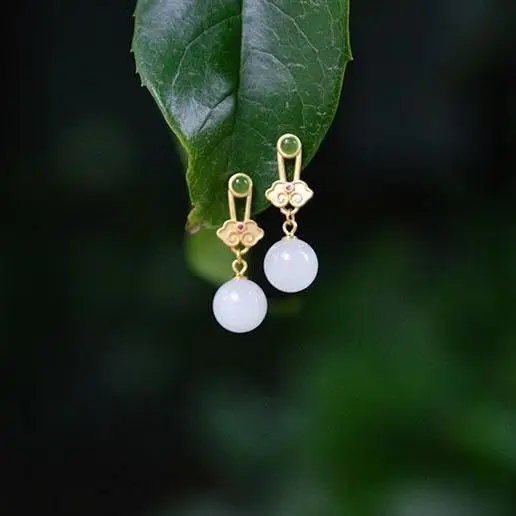 

New silver inlaid natural Hetian white Chalcedony Round Earrings Chinese style retro court style elegant charm women's jewelry