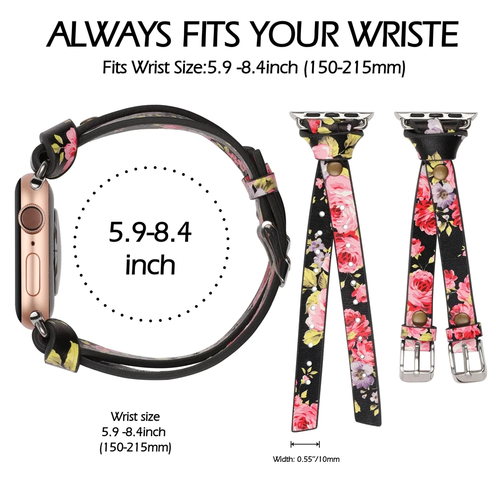 Toyouths Double Leather Band for Apple Watch Series 5 4 3 2 1 Strap for iWatch 2020 Chic Women Men Leather 38mm/40mm /42mm/44mm