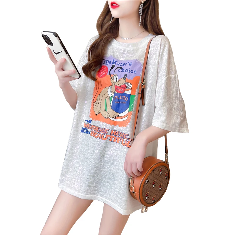 

Женская свободная футболка с анимационным принтом, Корейская футболка с круглым вырезом и коротким рукавом, кружевной топ с прострочкой, ле...