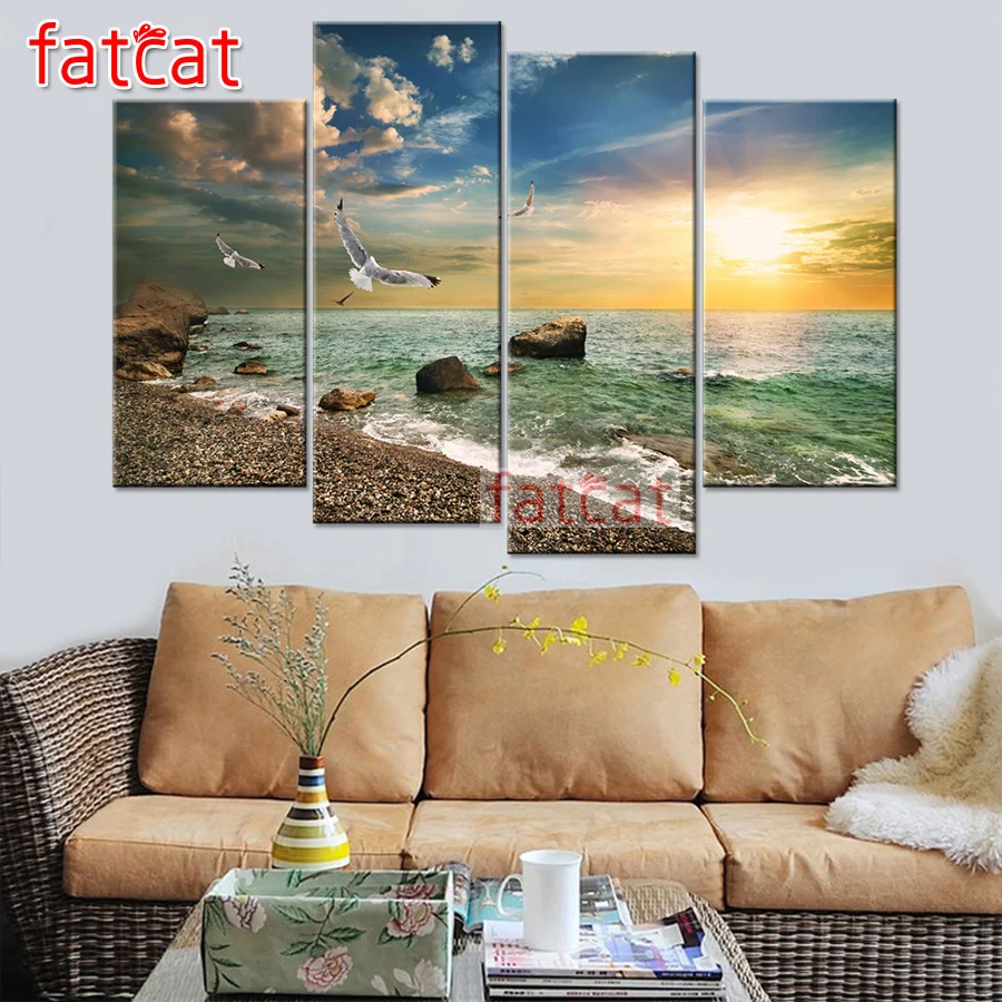 

FATCAT Восход море 4 шт Diy Алмазная Картина Пейзаж Чайка камни в форме ромба круглый Алмазная вышивка продажи украшения AE2589