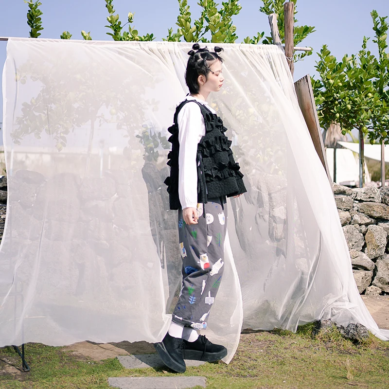 imakokoni original design cartoon print casual wide-leg pants cute Japanese cropped pants