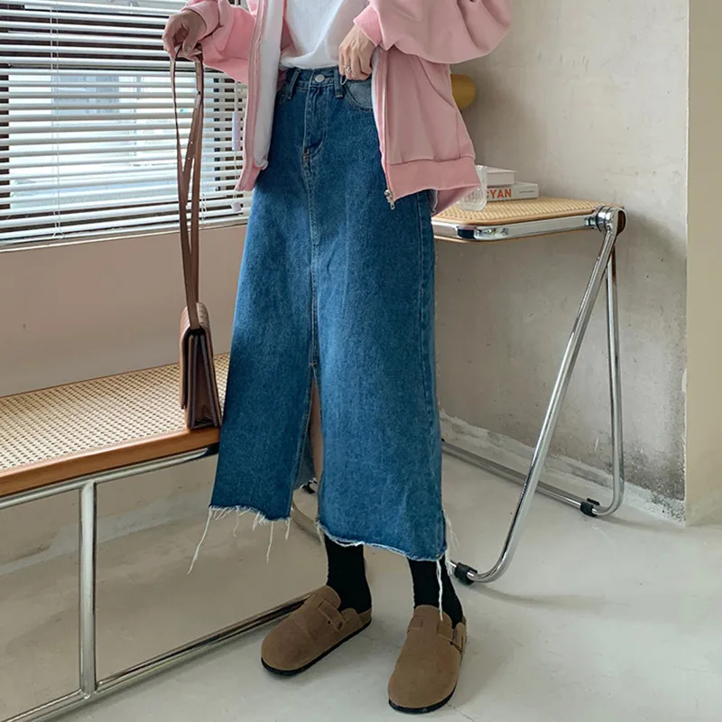 Женская джинсовая юбка с бахромой длинная винтажная трапециевидная высокой